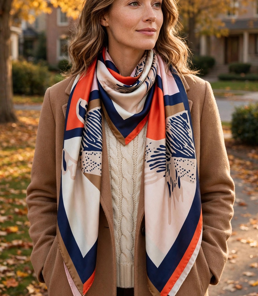 ANDANTINO Mulberry Silk Scarf — Navy/Coral Geometric 35