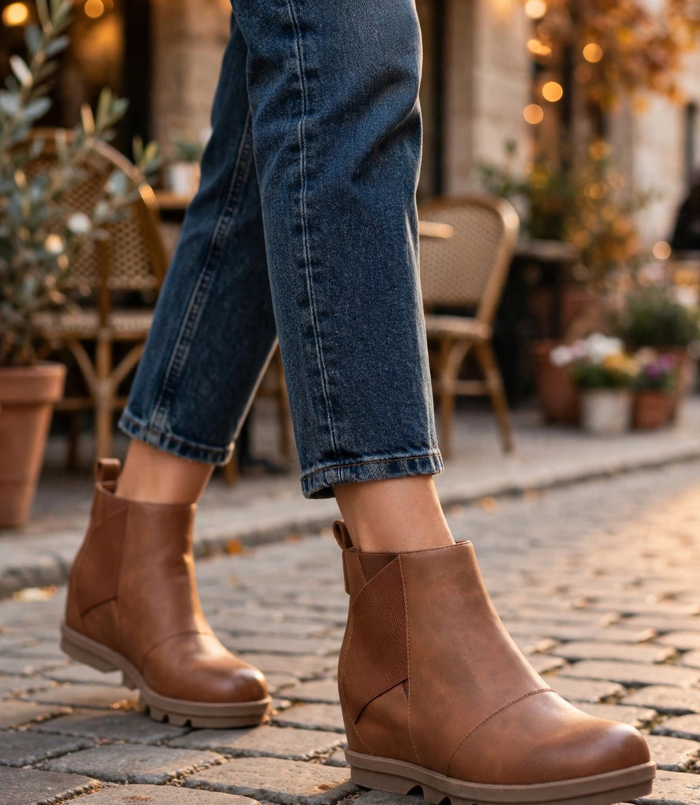 Athlefit Women's Slip On Chelsea Ankle Boots Beige — Fall Short Booties with 2.3-Inch Low Chunky Heel