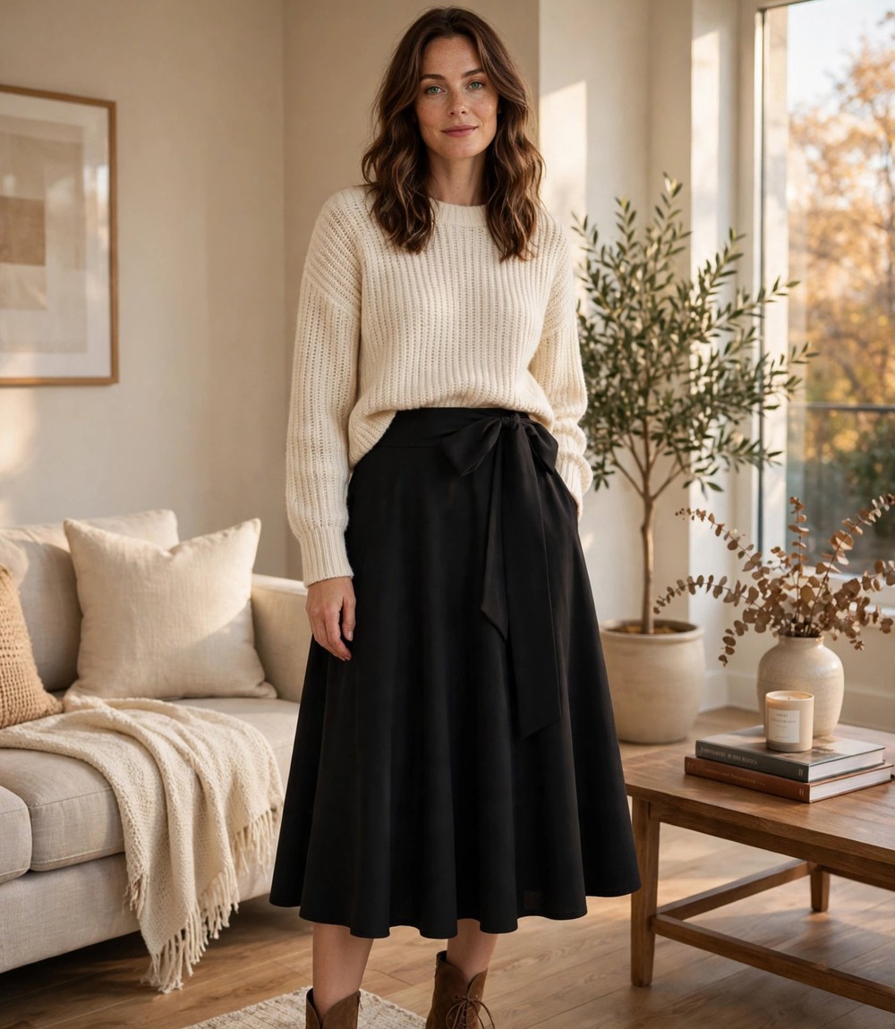 Belle Poque Black High-Waist Midi Skirt — A-Line with Bow Tie Belt