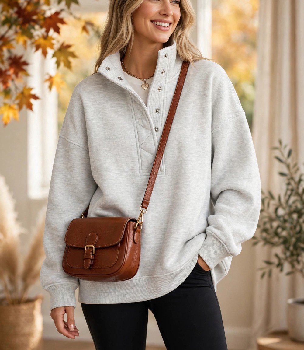 Trendy Queen Womens Oversized Sweatshirts with Snap Button Henley Collar