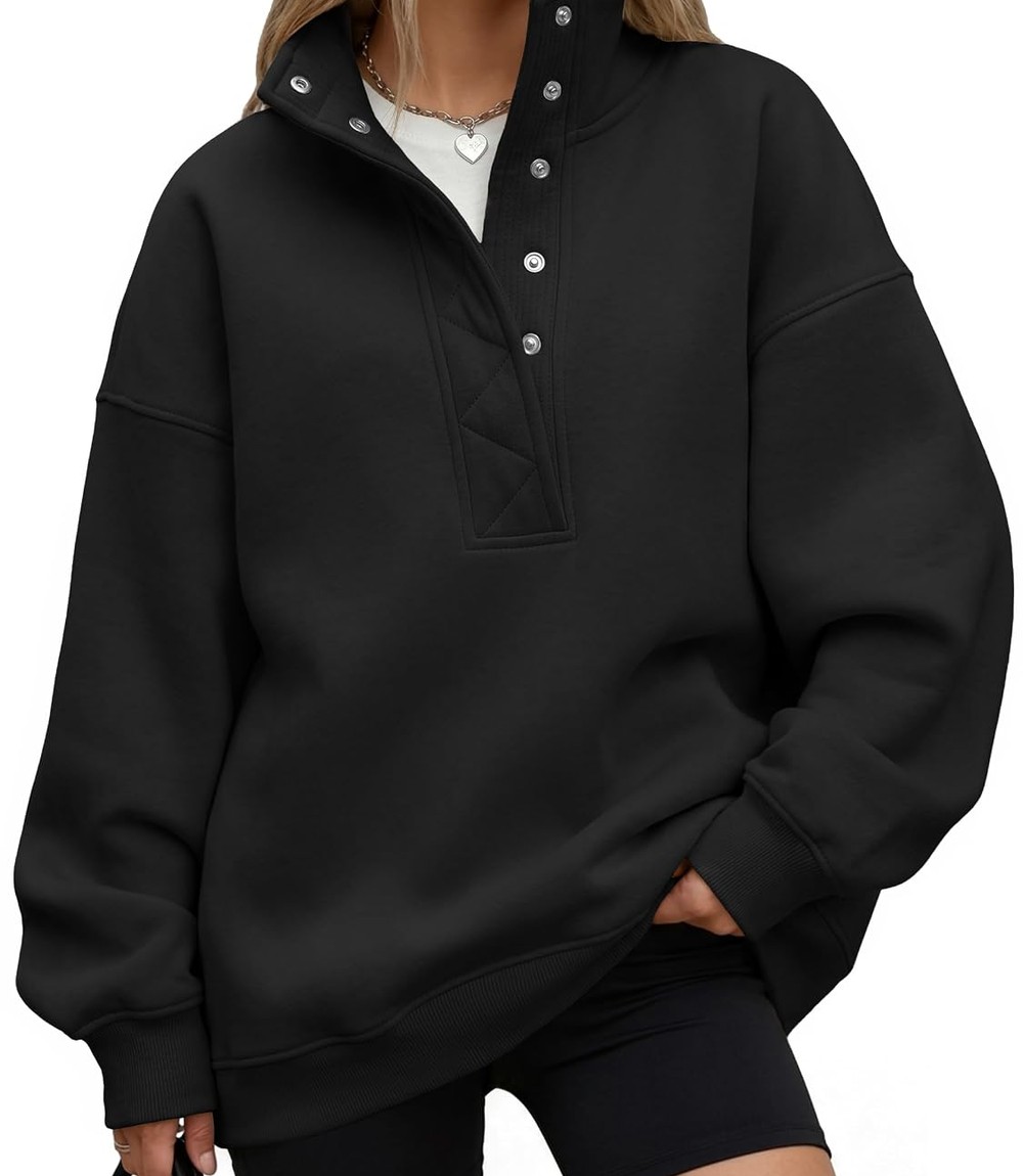 Trendy Queen Womens Oversized Sweatshirts with Snap Button Henley Collar