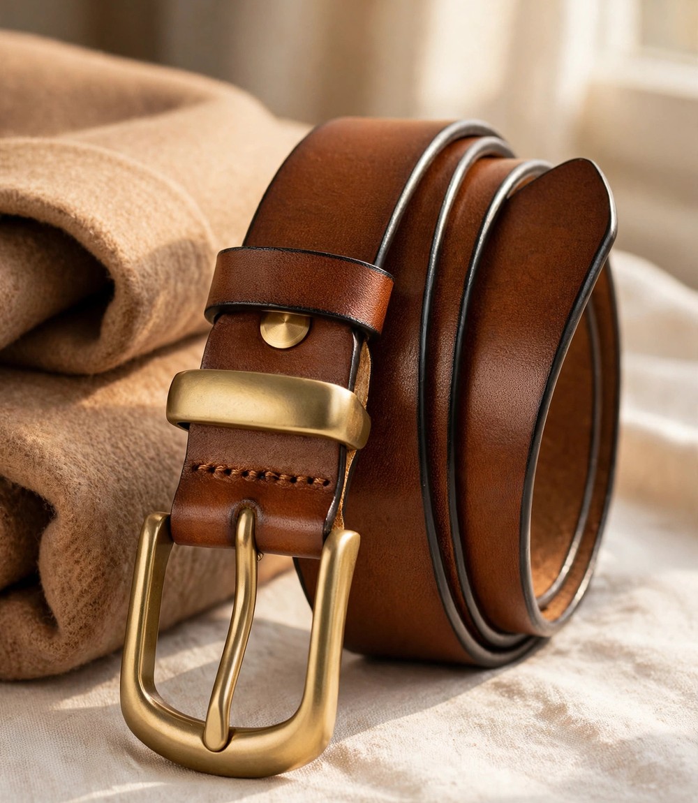 WOLFANT Women's Leather Belt — Tan Full-Grain with Gold Buckle