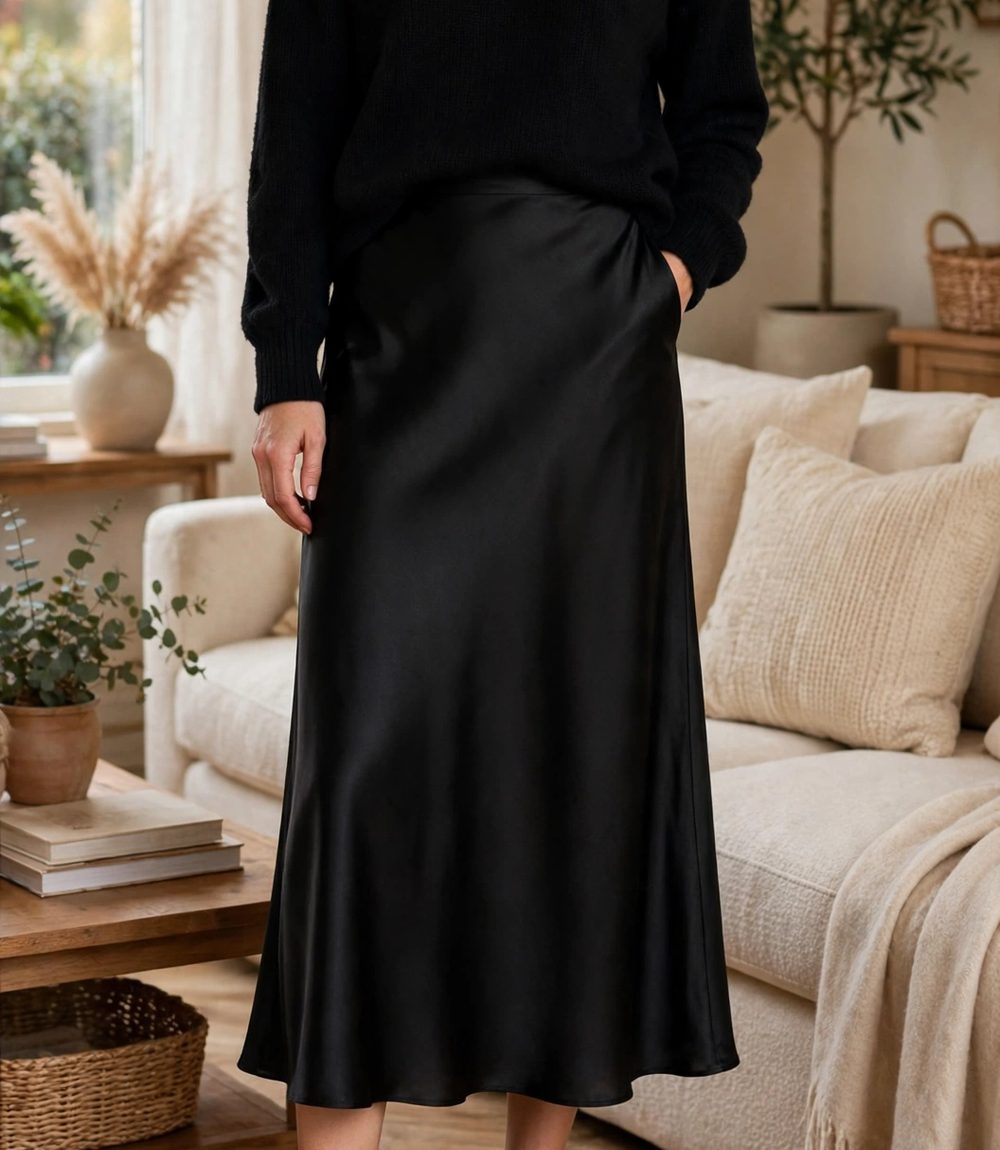 Zeagoo Black Satin Midi Skirt — High-Waist, Fluid A-Line